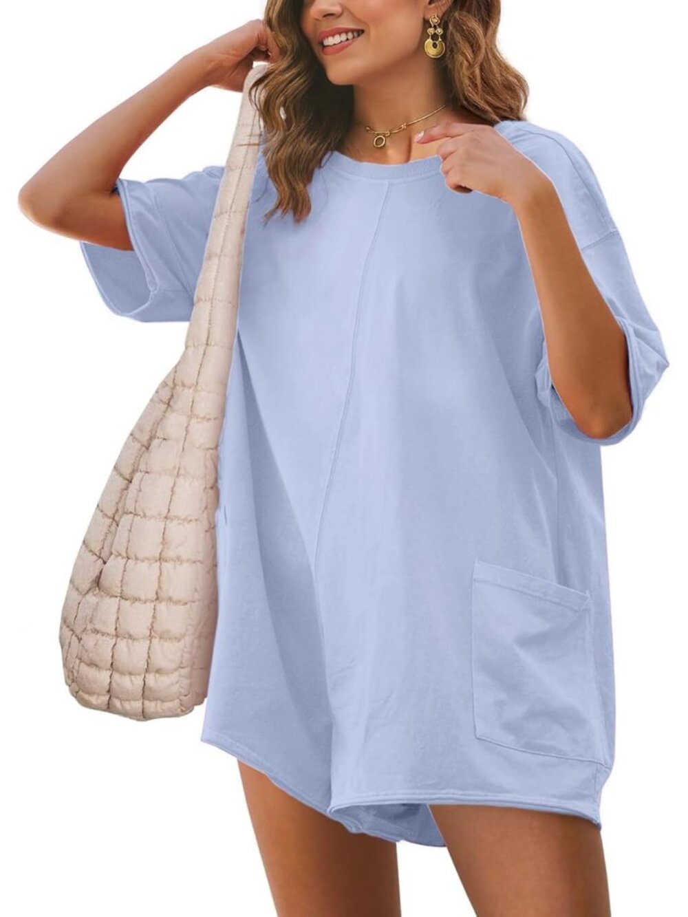 Women's Sky Blue Summer Casual Onesie Backless Loose Short Oversized Tee Romper - Picture 1 of 5